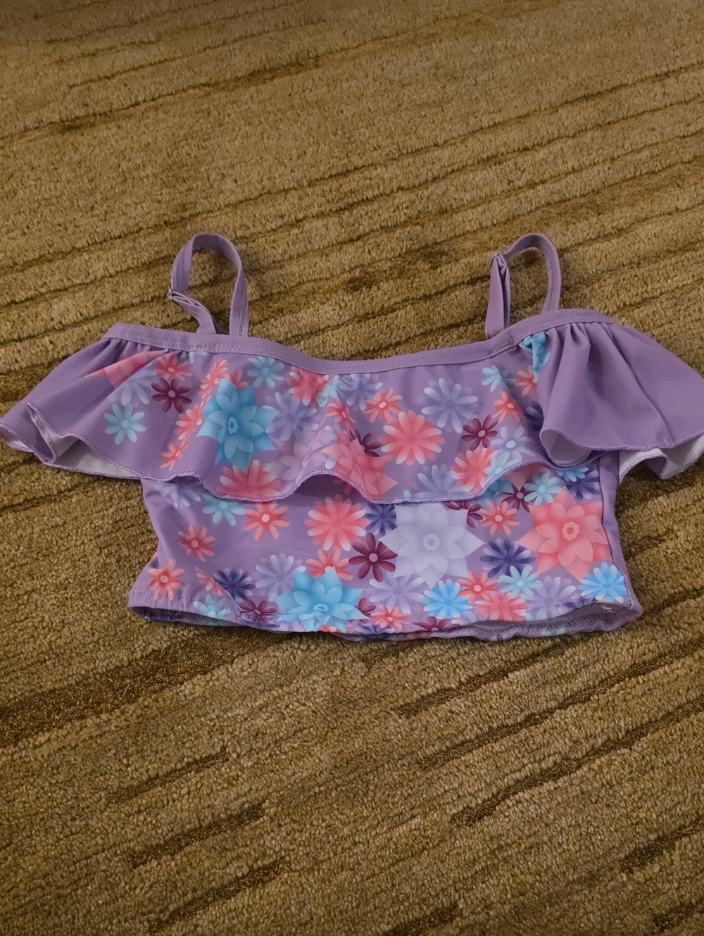 5/25 Lilac Floral Off-Shoulder Crop Swim Top with Ruffle Size 130